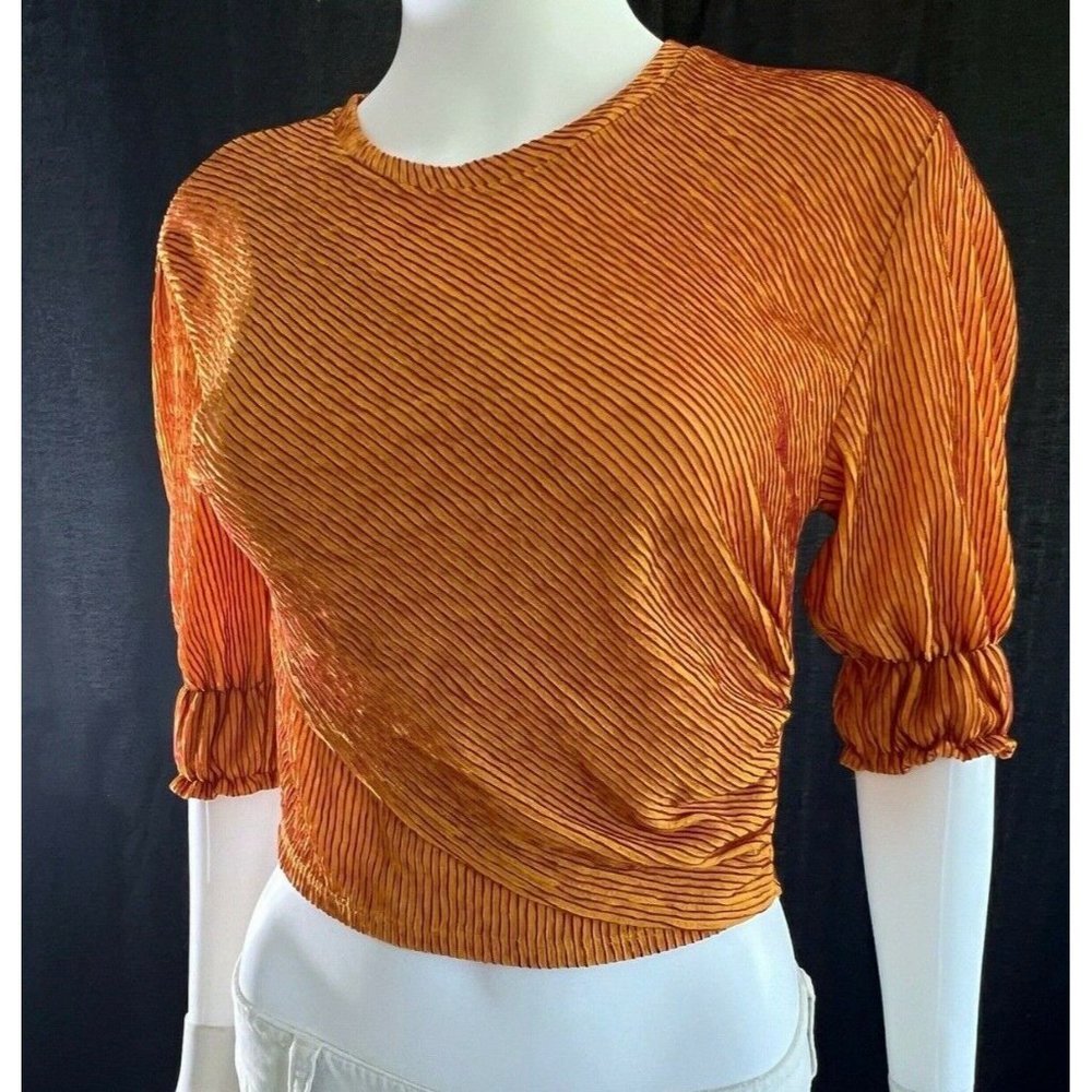 Zara Women's Top Blouse Front Criss Cross Design Elastic Sleeve Orange S